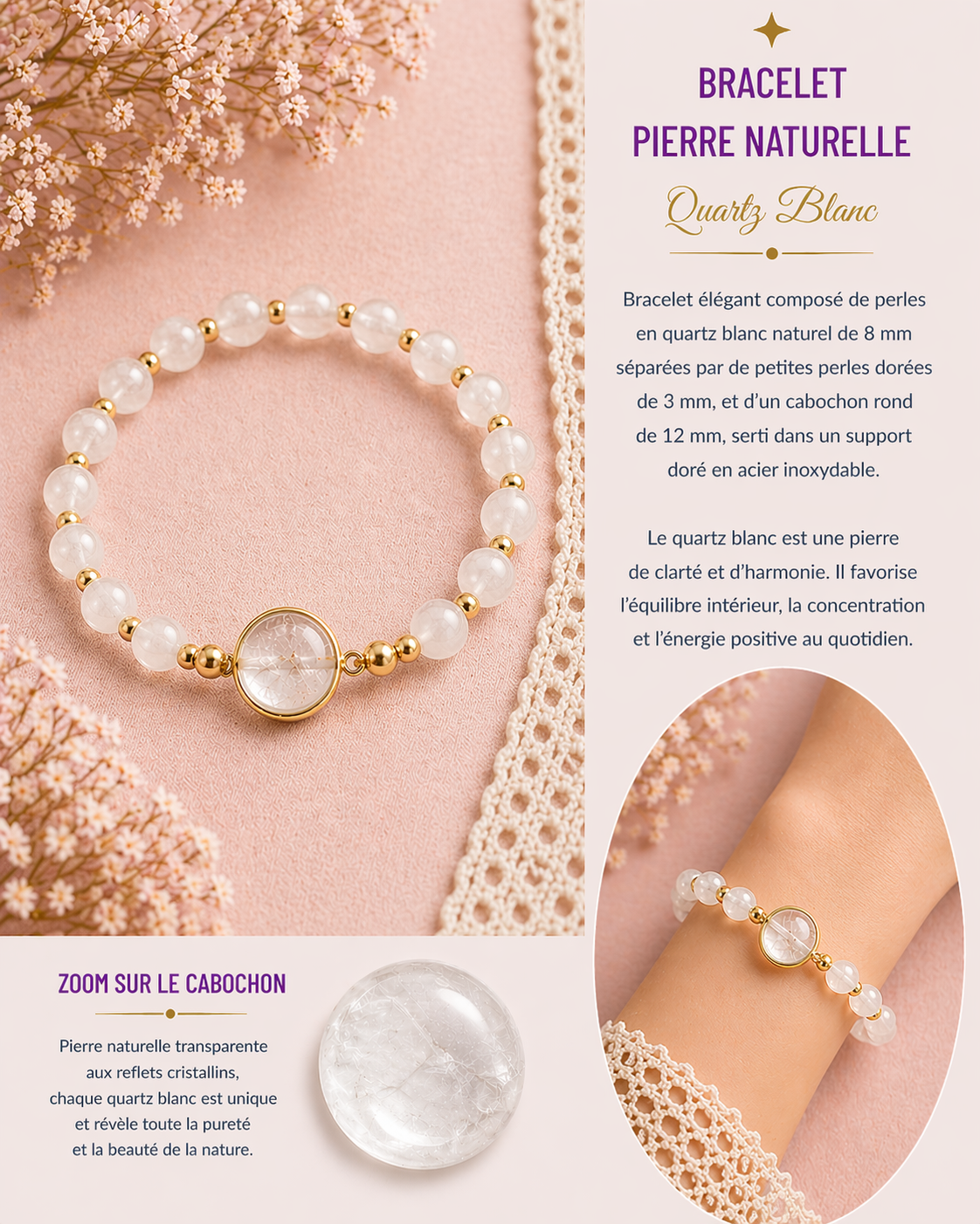 Bracelet perles quartz blanc et cabochon cristal blanc